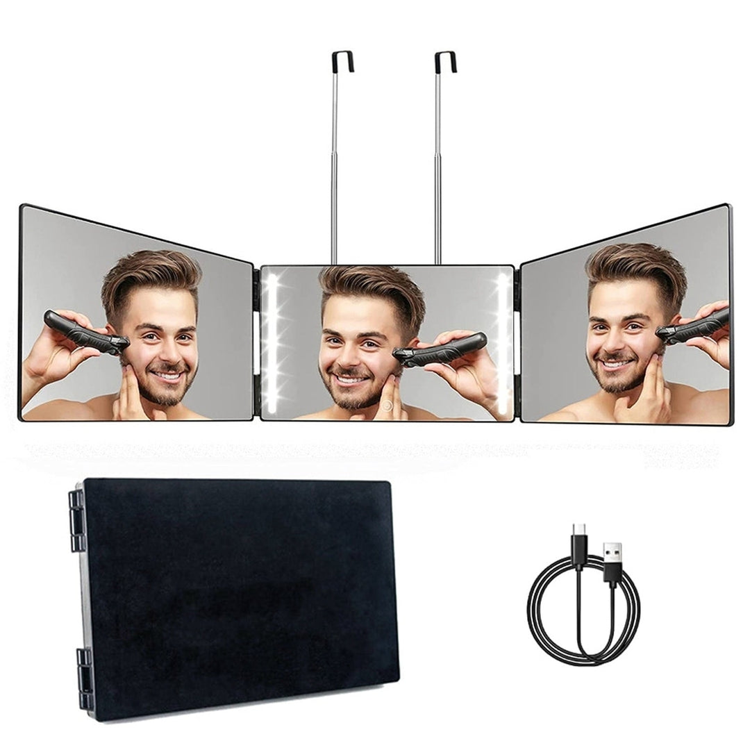 3 Way Mirror with LED Telescopic Hanger Tri fold Mirror Personal Makeup Mirror with Micro USB Cable for Self Shaving Image 1