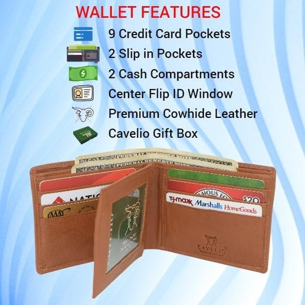 Cavelio Mens RFID Blocking Bifold Wallet Soft Genuine Leather  Secure and Durable Billfold with Gift Box for Men Image 2