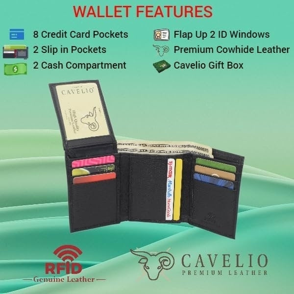 Cavelio RFID Blocking Trifold Cowhide Leather Wallet for Men with Flap Up ID Holder (Brown) Image 3