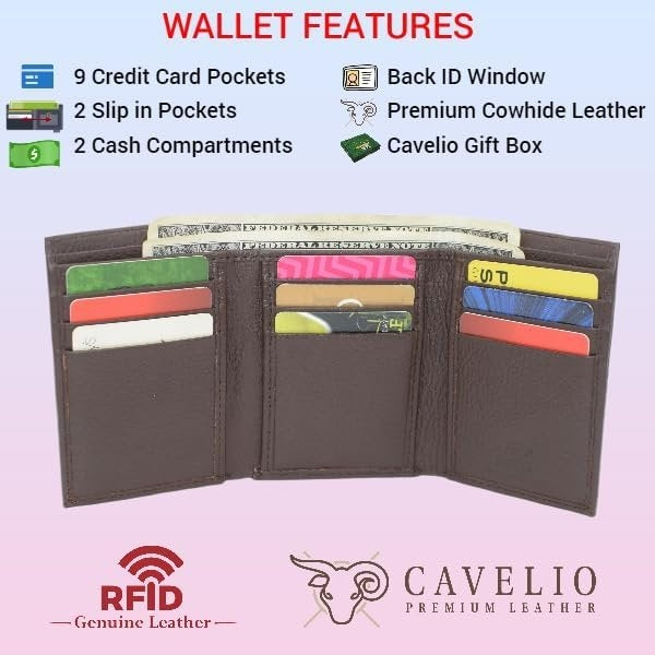 Cavelio Genuine Leather Mens RFID Blocking Slim Trifold Wallet Back ID Window with Gift Box (Black) Image 2