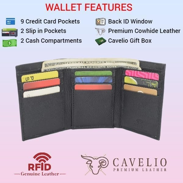 Cavelio Genuine Leather Mens RFID Blocking Slim Trifold Wallet Back ID Window with Gift Box (Black) Image 9