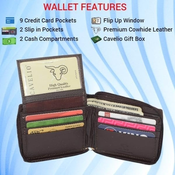 Cavelio RFID Blocking Cowhide Leather Zip-Around ID Bifold Wallet for Men with Gift Box (Black) Image 9
