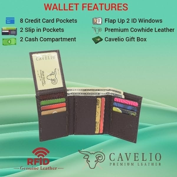 Cavelio RFID Blocking Trifold Cowhide Leather Wallet for Men with Flap Up ID Holder (Brown) Image 10