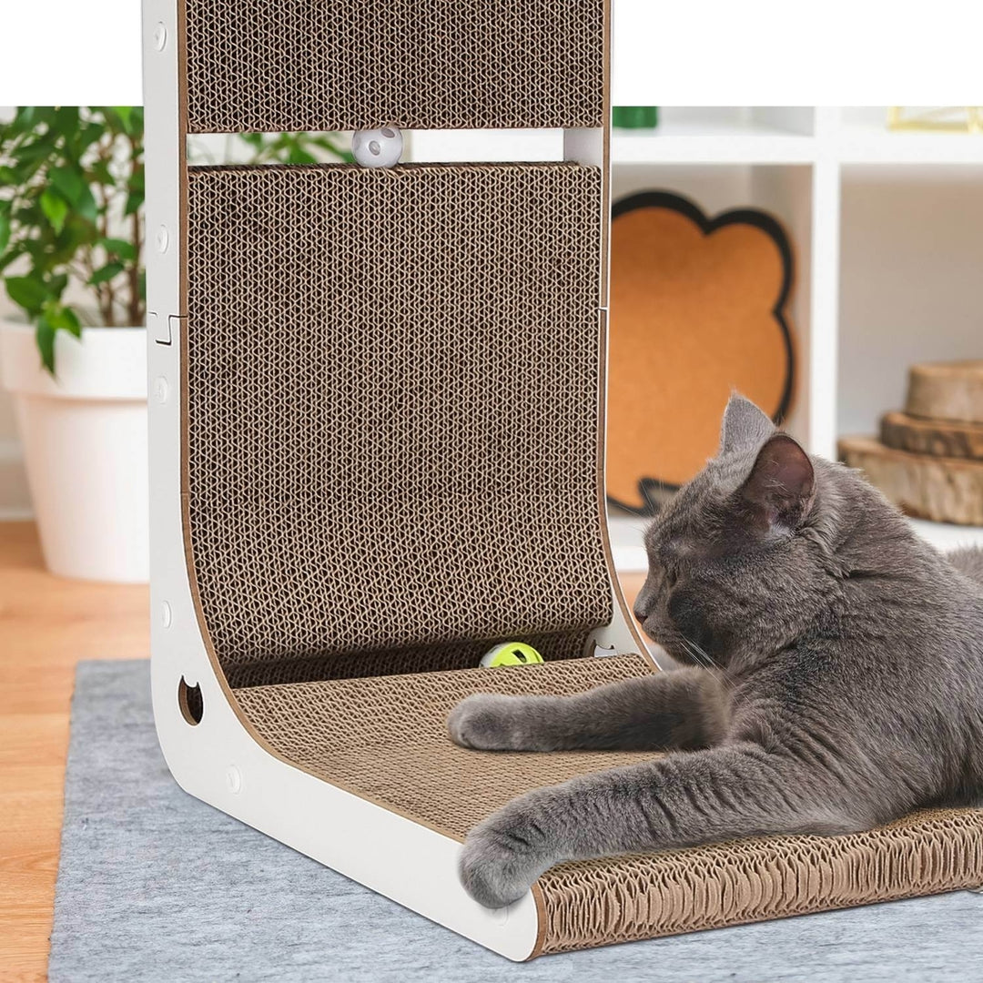 Indoor L Shaped Cat Scratcher with Cat Interactive Toy Cardboard 23.62in High Lounge Bed Image 9