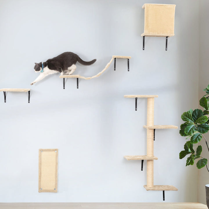 5 Pcs Wall Mounted Cat Climber Set Floating Cat Shelves and Perches Cat Activity Tree with Scratching Posts Modern Cat Image 4