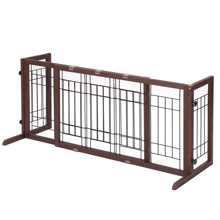Adjustable Wooden Pet Gate for Dogs Indoor Freestanding Dog Fence for Doorways Stairs Deep Brown Image 4