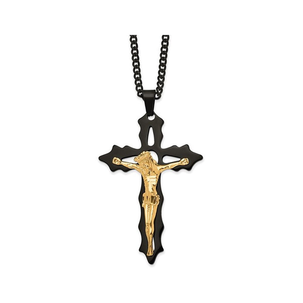 Mens Black Stainless Steel Large Crucifix Cross Pendant Necklace with Chain (24 Inches) Image 2