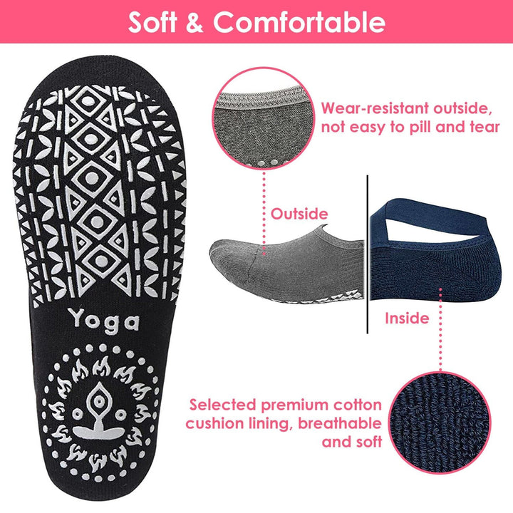 6 Packs Women Yoga Socks with Straps Non Slip Grips for Pilates Pure Hospital Walking Dance Indoor Image 3