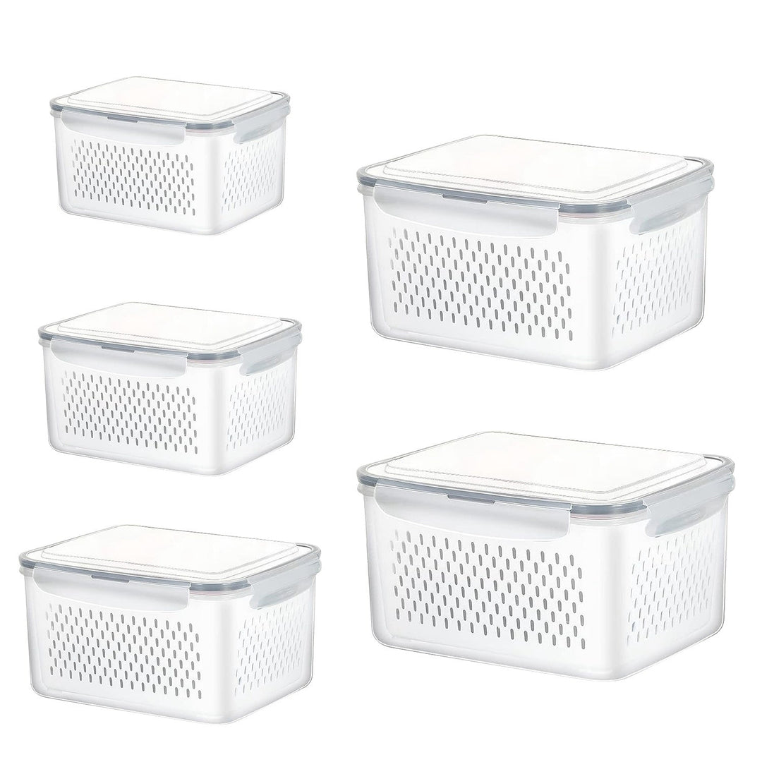 5Pcs Fruit Vegetable Containers with Removable Drain Basket Leakproof Lid Stackable Food Storage Image 10