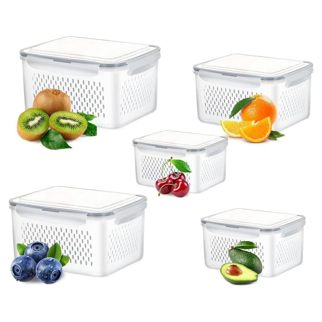 5Pcs Fruit Vegetable Containers with Removable Drain Basket Leakproof Lid Stackable Food Storage Image 11