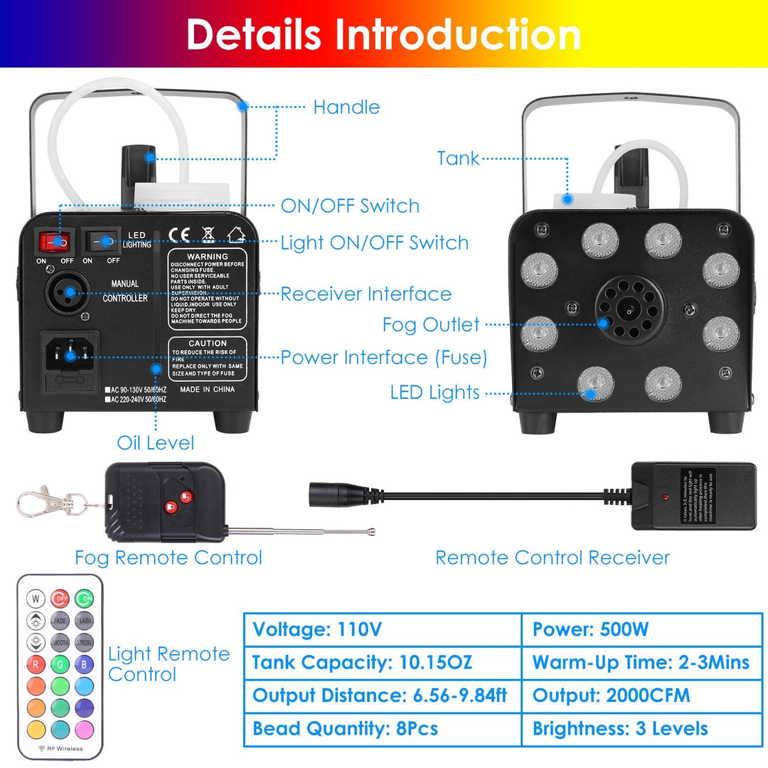 500W Fog Machine 2000CFM Colorful Smoke Machine with 8Pcs LEDs 5 Lighting Effects 3 Level Brightness Image 4