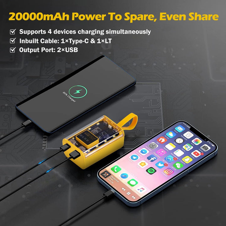 20000mAh Transparent Power Bank Portable Mini Phone Charger External Battery Pack with 3 Inbuilt Cables 4 Light Modes Image 4