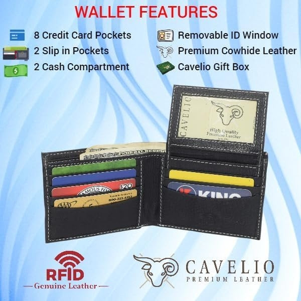 Cavelio RFID Real Leather Wallets for Men - Bifold Removable ID Holder Mens Wallet with Gift Box (Brown) Image 2