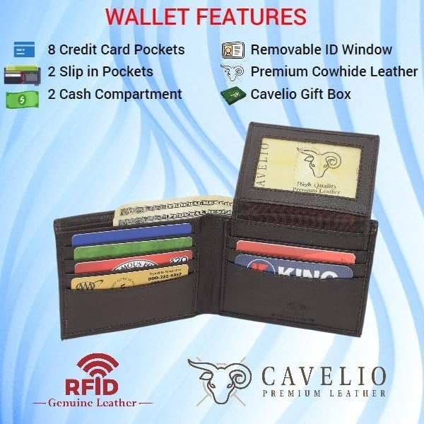 Cavelio RFID Real Leather Wallets for Men - Bifold Removable ID Holder Mens Wallet with Gift Box (Brown) Image 9