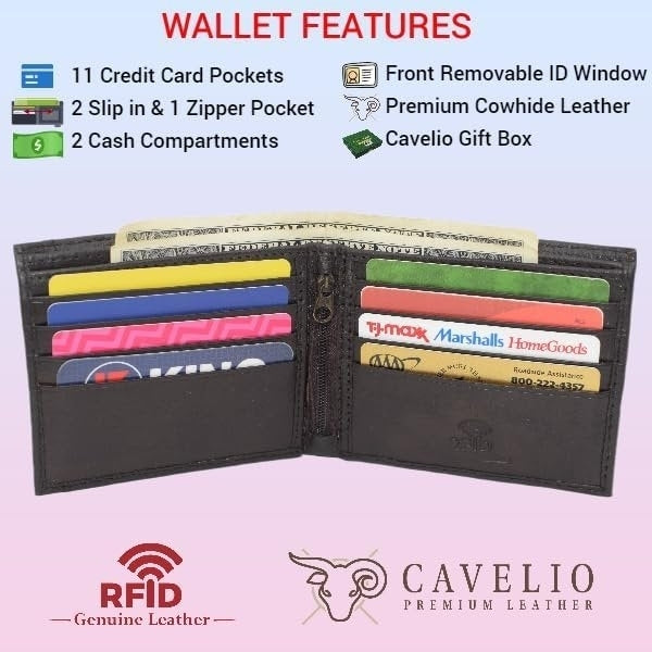 Real Leather Front Removable ID Card Holder Bifold RFID Blocking Wallet for Men with Gift Box (Black) Image 2