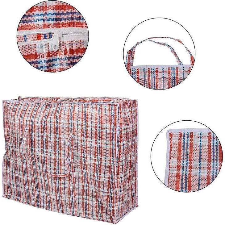 Portable Extra-Large Set of 3 Plastic Checkered Storage Reusable Laundry Shopping Bags with Zipper & Handles Size 31" x Image 4