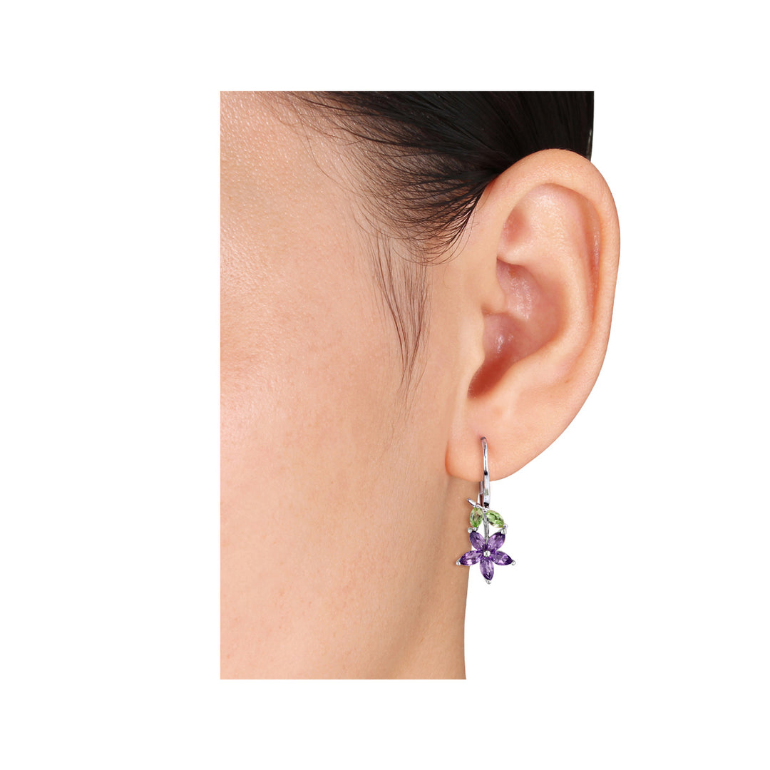 1.84 Carat (ctw) Amethyst and Peridot Flower Dangle Earrings in Sterling Silver Image 3