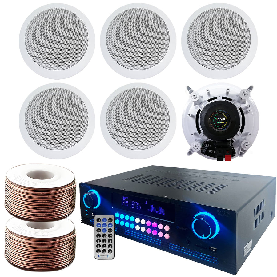 Home Theater System - 2000 W Bluetooth Amplifier w/ 6 QTY 6.5" Ceiling Speakers and 2 QTY 16 Gauge 100 ft. Speaker Zip Image 1