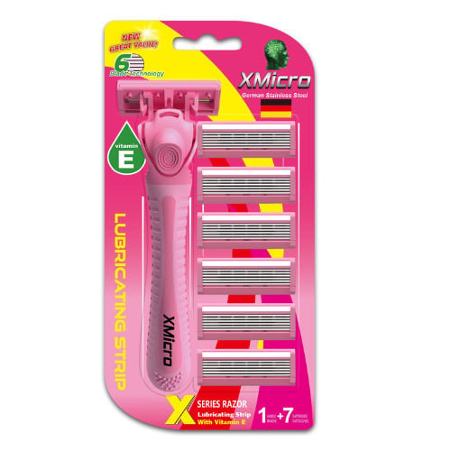 XMicro Pink Razors For Women 1 Razor 7 Blade Refills With German Stainless Steel Lubricated With Vitamin E Aloe For Image 2