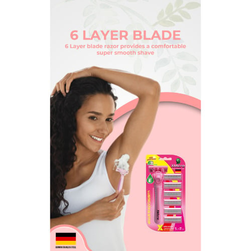 XMicro Pink Razors For Women 1 Razor 7 Blade Refills With German Stainless Steel Lubricated With Vitamin E Aloe For Image 6