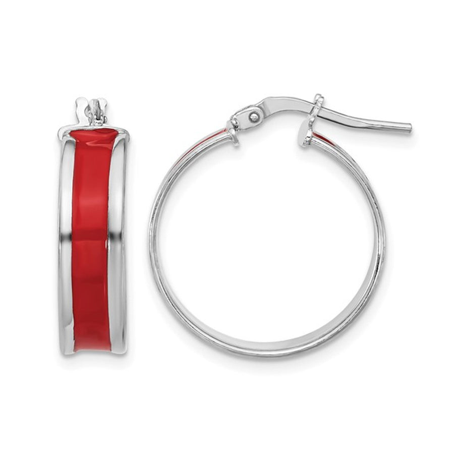 Sterling Silver Polished Red Enamel Round Hoop Earrings Image 1