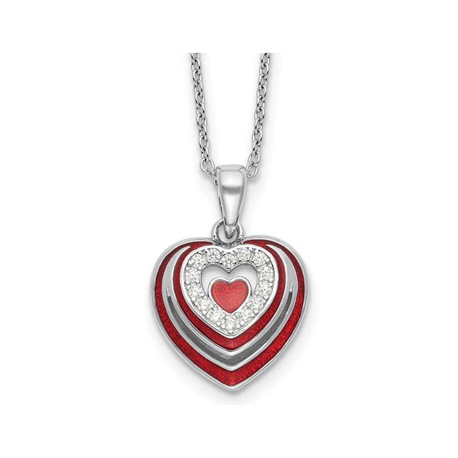 Sterling Silver Heart Pendant Necklace with Cubic Zirconia (CZ)s and Red Enamel with Chain Image 1