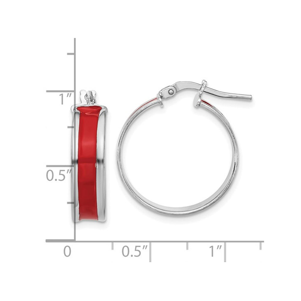 Sterling Silver Polished Red Enamel Round Hoop Earrings Image 2