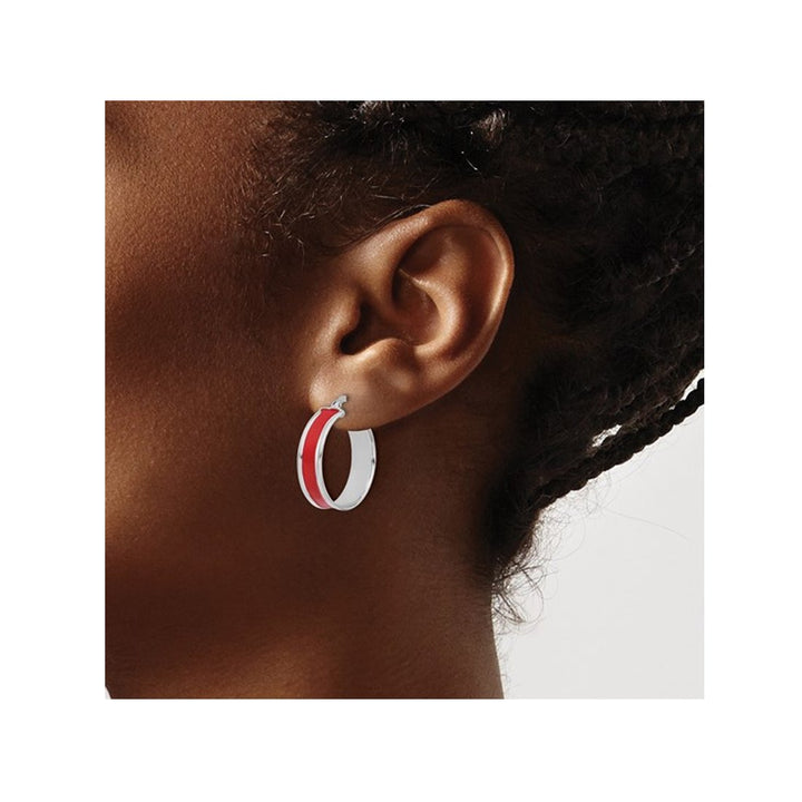 Sterling Silver Polished Red Enamel Round Hoop Earrings Image 3