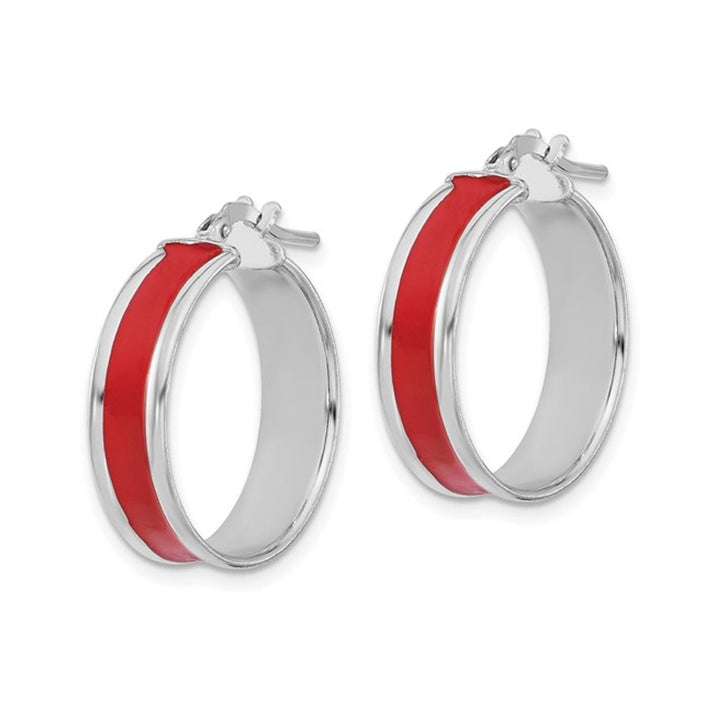Sterling Silver Polished Red Enamel Round Hoop Earrings Image 4