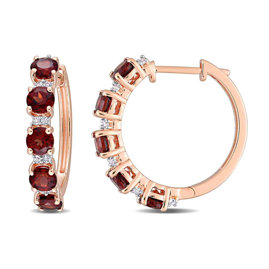 3.10 Carat (ctw) Garnet and White Topaz Hoop Earrings in Rose Plated Sterling Silver Image 1