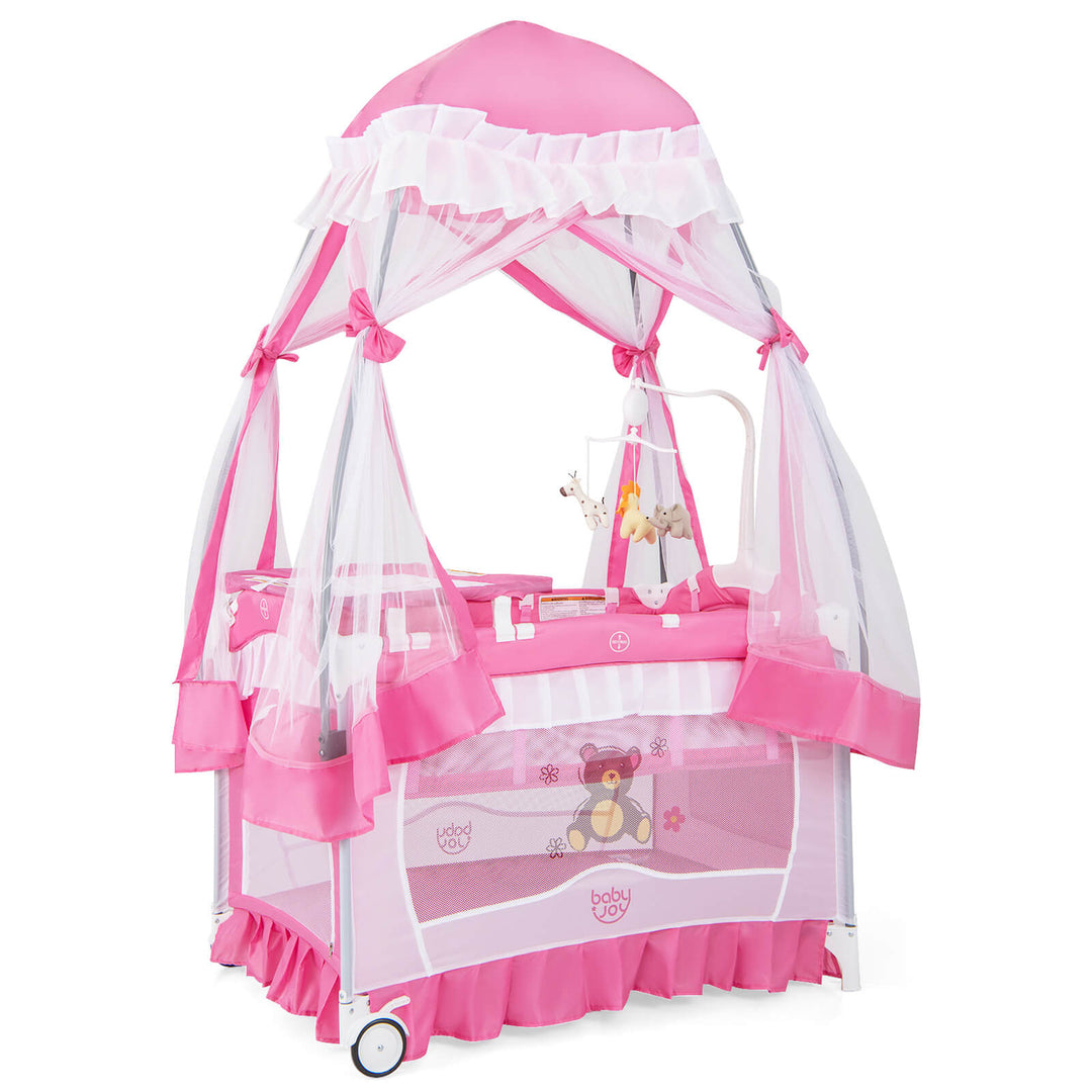 4 in 1 Portable Baby Playard Crib Bassinet Bed w/Changing Table Canopy Music Box, Pink Image 1