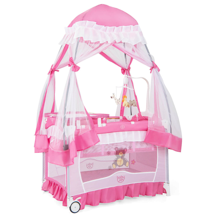 4 in 1 Portable Baby Playard Crib Bassinet Bed w/Changing Table Canopy Music BoxPink Image 1