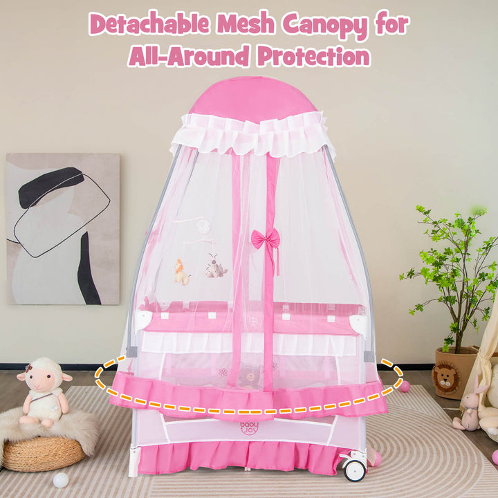 4 in 1 Portable Baby Playard Crib Bassinet Bed w/Changing Table Canopy Music BoxPink Image 2