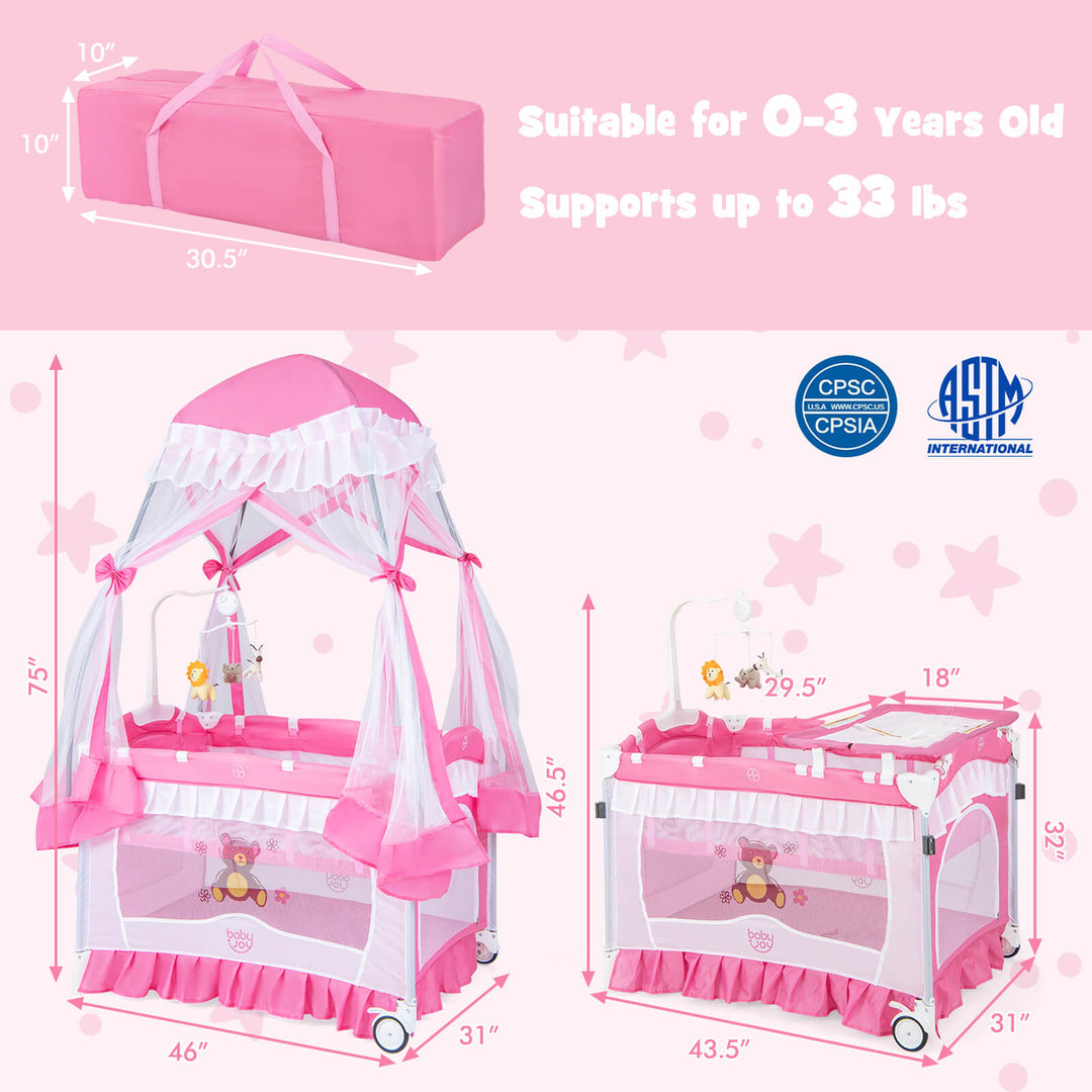 4 in 1 Portable Baby Playard Crib Bassinet Bed w/Changing Table Canopy Music BoxPink Image 3