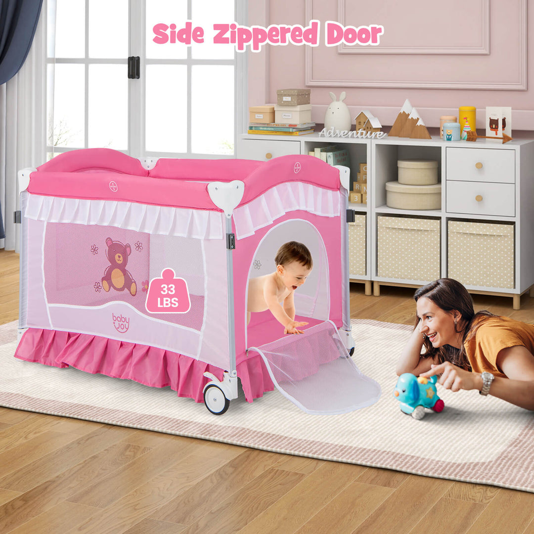 4 in 1 Portable Baby Playard Crib Bassinet Bed w/Changing Table Canopy Music BoxPink Image 4