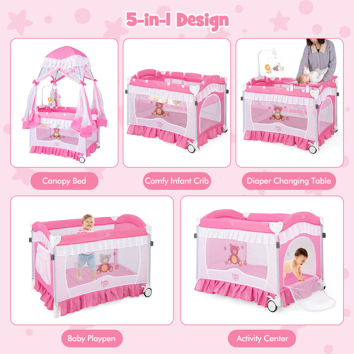 4 in 1 Portable Baby Playard Crib Bassinet Bed w/Changing Table Canopy Music BoxPink Image 6