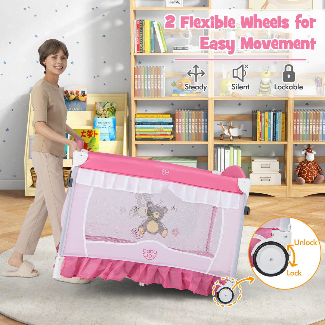 4 in 1 Portable Baby Playard Crib Bassinet Bed w/Changing Table Canopy Music BoxPink Image 9