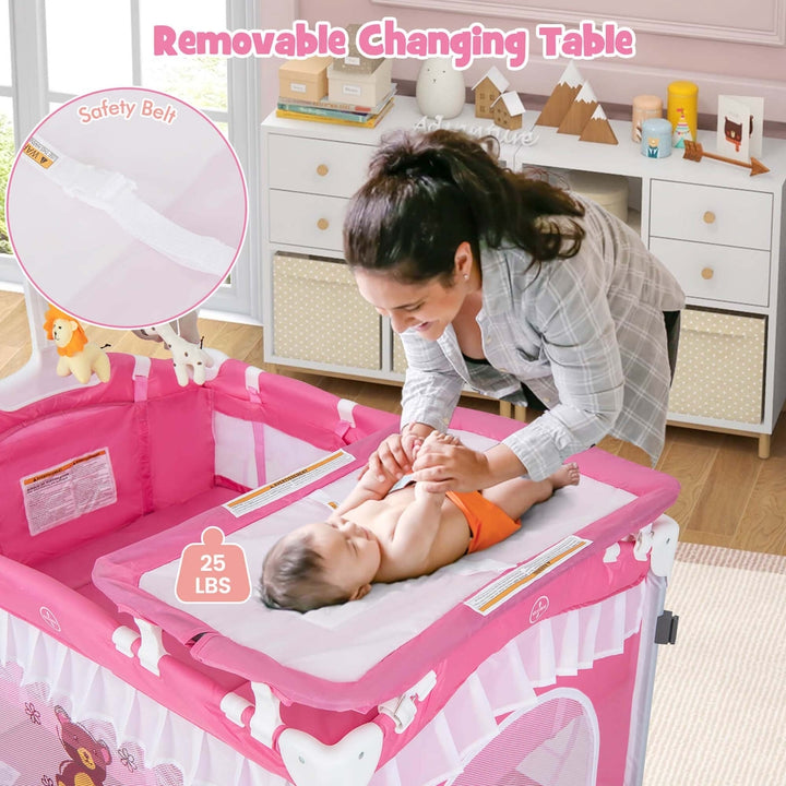 4 in 1 Portable Baby Playard Crib Bed w/Changing Table Canopy Music Box Image 8