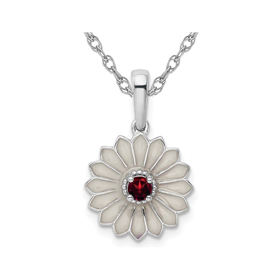 Sterling Silver Flower Pendant Necklace with Garnet and Chain Image 1