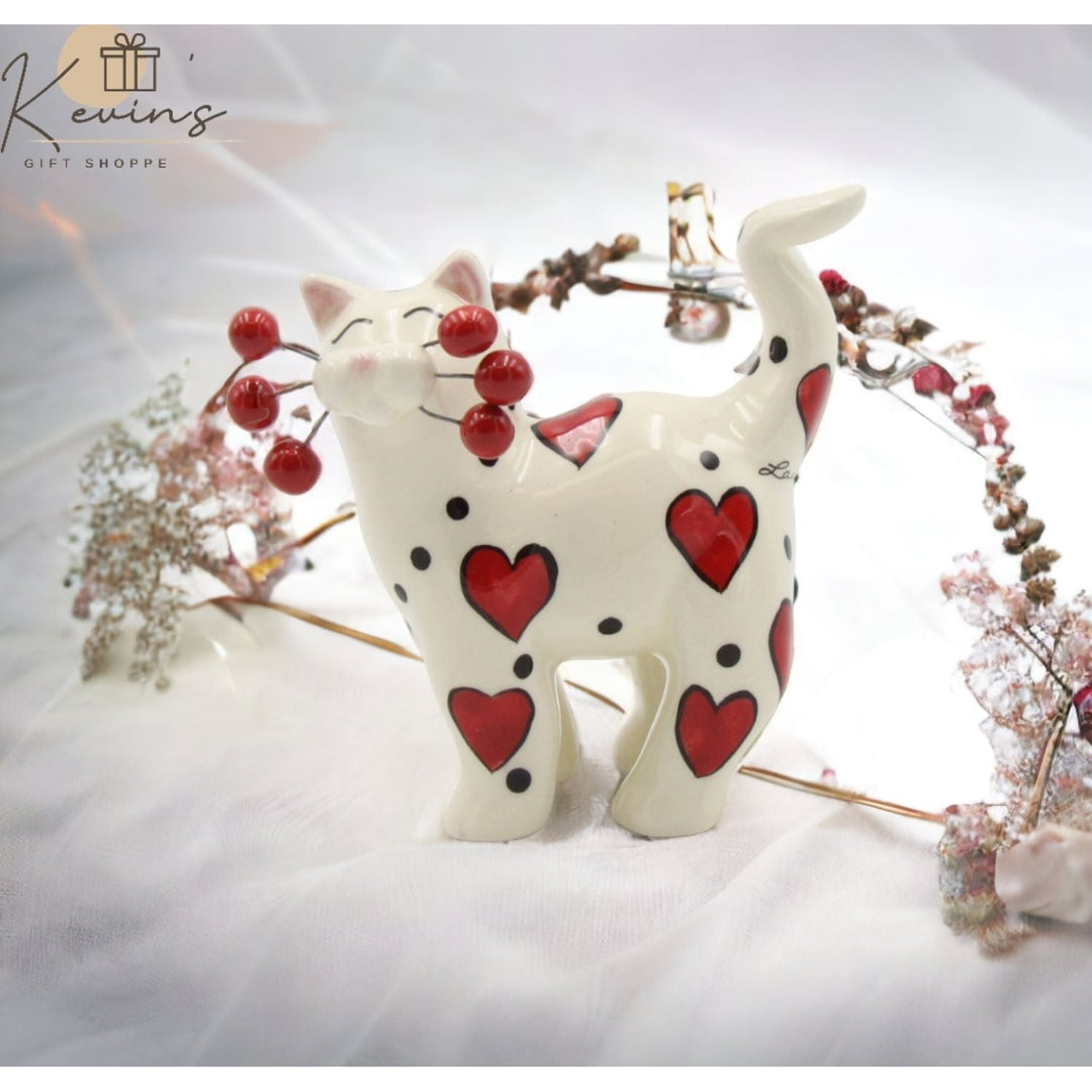 Ceramic Whisker Cat With Red Heart FigurineWedding Favor Image 1
