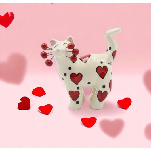 Ceramic Whisker Cat With Red Heart FigurineWedding Favor Image 2