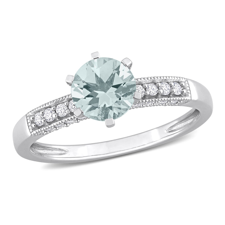 1.00 Carat (ctw) Light Aquamarine Ring with Diamonds in 10K White Gold Image 1