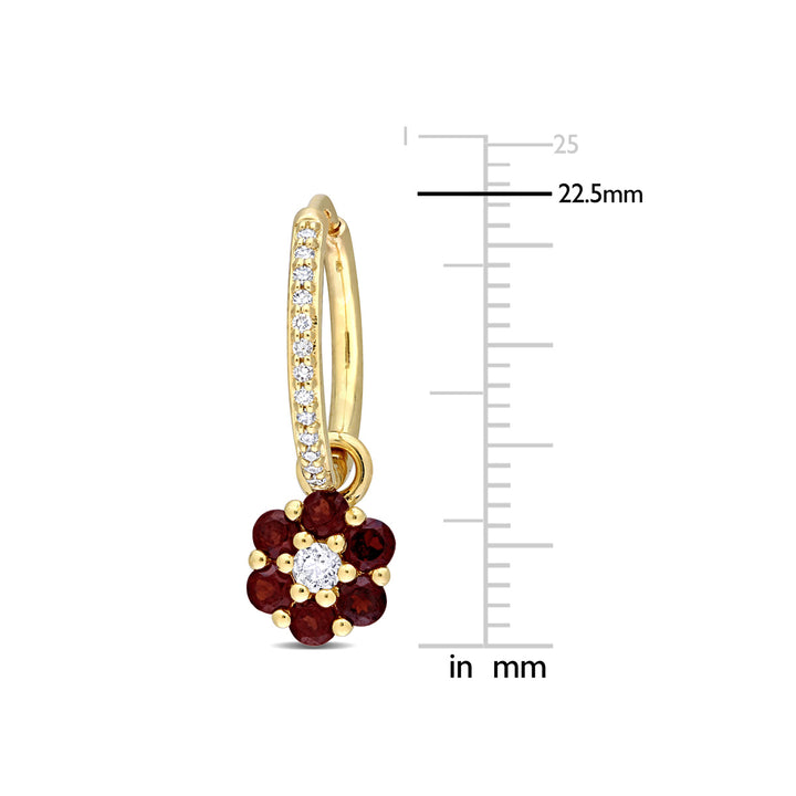 1.24 Carat (ctw) Garnet and White Topaz Flower Hoops Earrings in 10K Yellow Gold Image 4