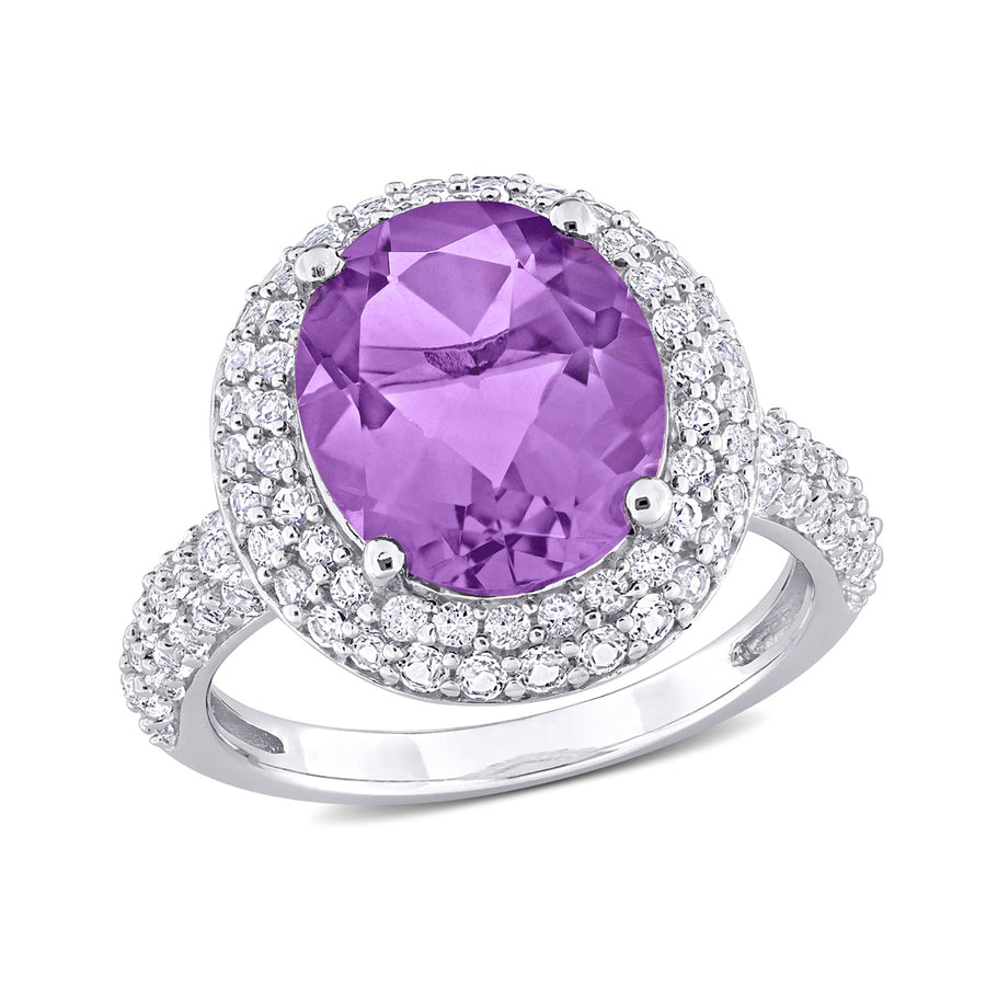 5.30 Carat (ctw) Amethyst and White Topaz Double Halo Ring in Sterling Silver Image 1