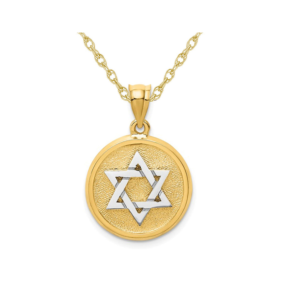 14K Yellow Gold Star of David Disc Charm Pendant Necklace with Chain Image 1