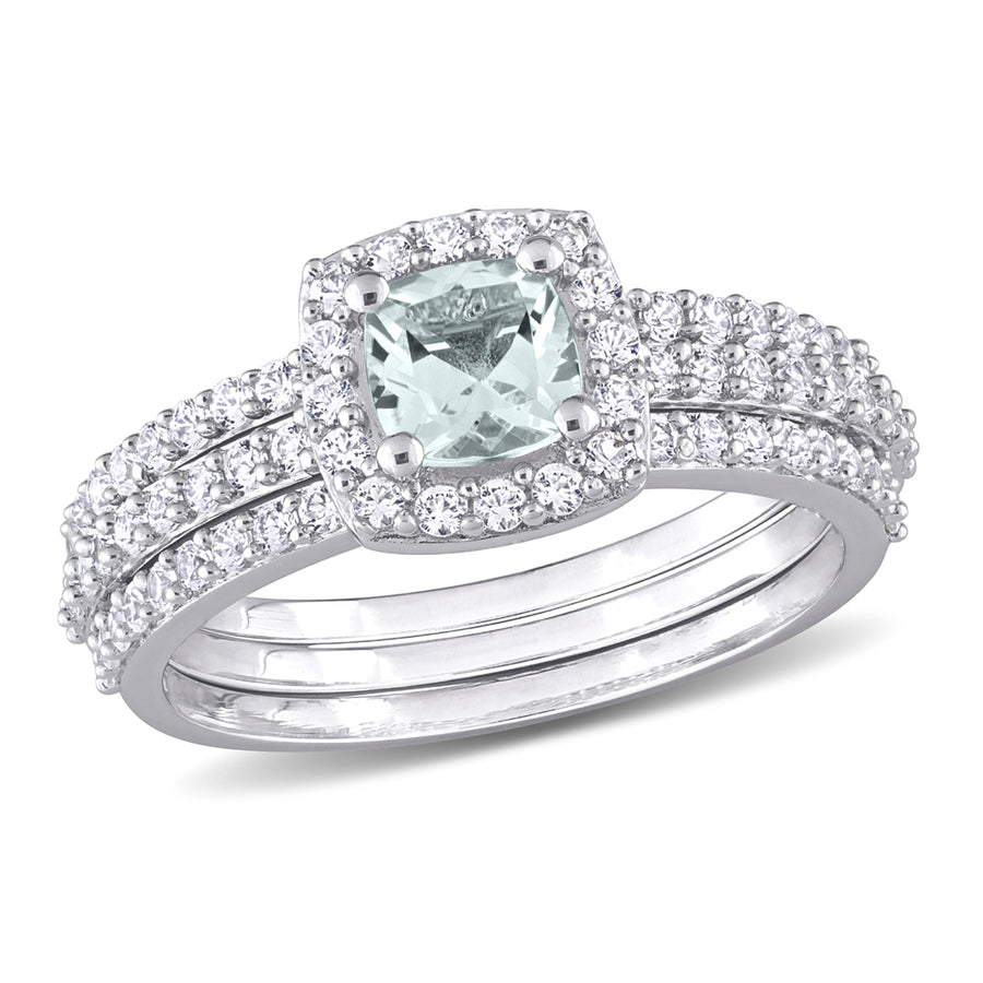 1.33 Carat (ctw) Aquamarine and Lab-Created White Sapphire Engagement Ring and Wedding Band Set Sterling Silver Image 1