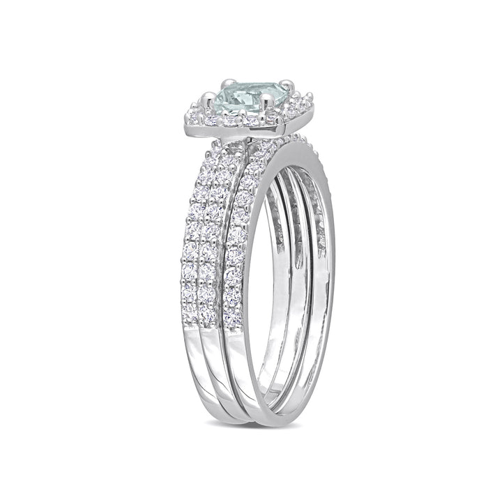 1.33 Carat (ctw) Aquamarine and Lab-Created White Sapphire Engagement Ring and Wedding Band Set Sterling Silver Image 4