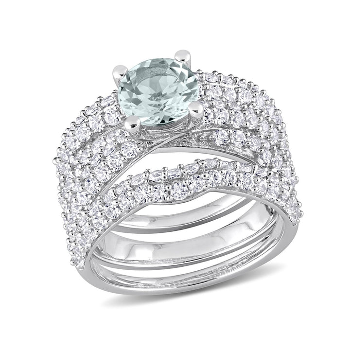 3.75 Carat (ctw) Aquamarine and Lab-Created White Sapphire Engagement Ring and Wedding Band Set Sterling Silver Image 1