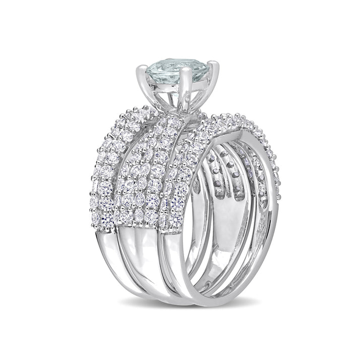 3.75 Carat (ctw) Aquamarine and Lab-Created White Sapphire Engagement Ring and Wedding Band Set Sterling Silver Image 4
