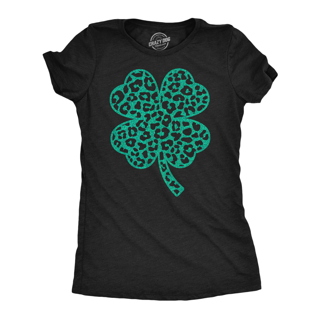 Womens Leopard Print Clover T Shirt Funny Cute Green Glitter St Paddys Day Shamrock Tee For Ladies Image 1